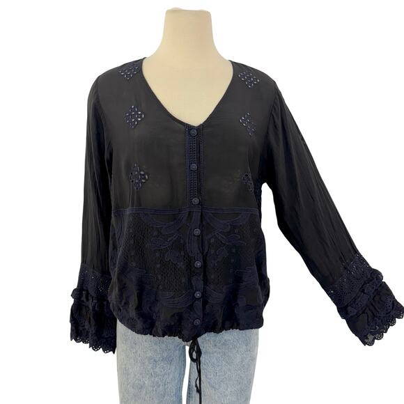 Johnny Was Tops - Johnny Was Long Sleeve Embroidered Blouse Top Black Semi Sheer Button-Down M
